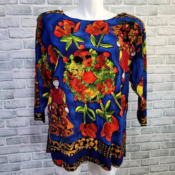 Vintage 80s Options Melrose Size L Abstract‎ Dutch Woman Floral Batwing Blouse - Picture 1 of 10